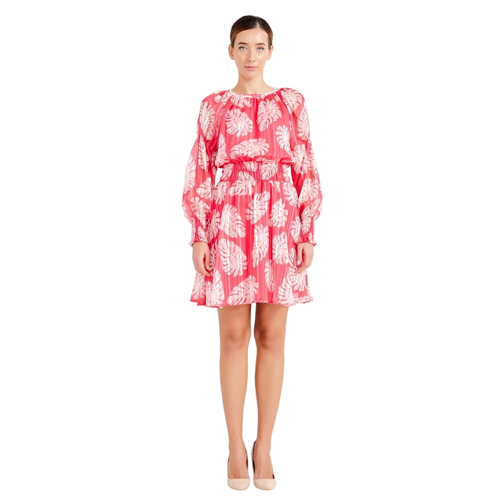 Fuchsia Chiffon Mini Dress Tropical Leaf Print Smocked Waist Pink